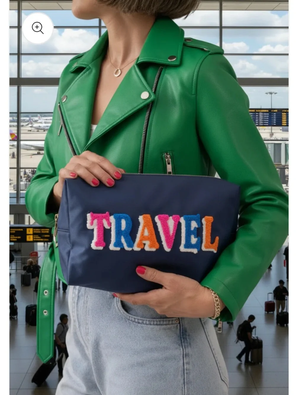 Navy Travel Embroidered Oversized Zip Pouch